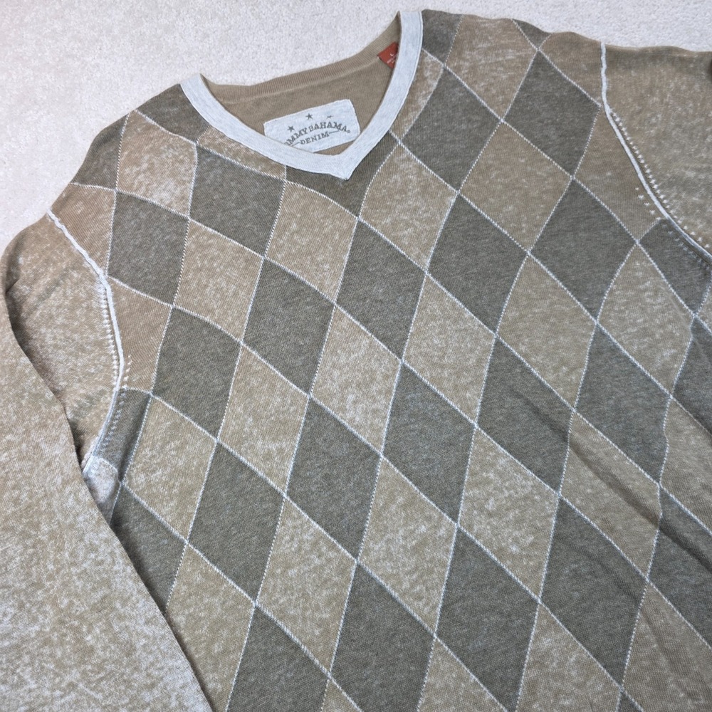Tommy Bahama Denim Sweater Mens L Tan Green Argyle Cotton Knit V-Neck Pullover
